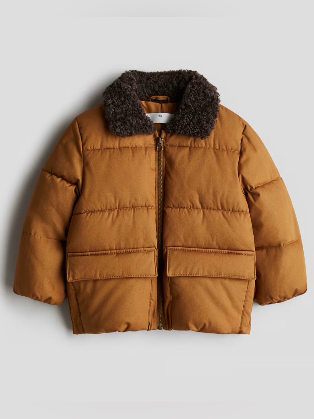 H&M Boys Size 4-6 Yrs Puffer Jacket with Teddy Fleece Collar, Dark Beige